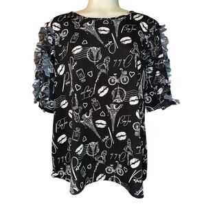 Madison Paris New York Women’s Size XL Black Petal Sleeve Blouse Top